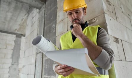 caucasian engineer walking construction site browsing building plans 1112411 4230