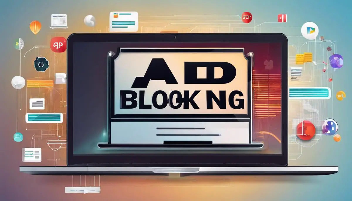 Image of a computer screen with a pop-up blocker symbol overlaid with the text 'Ad Blocking' to represent the concept of ad-blockers.