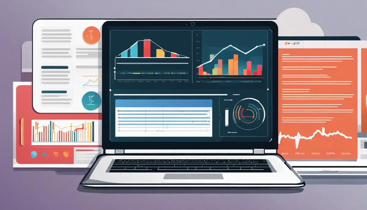 Illustration of a laptop with charts and data, representing the benefits of ChatGPT for website analysis