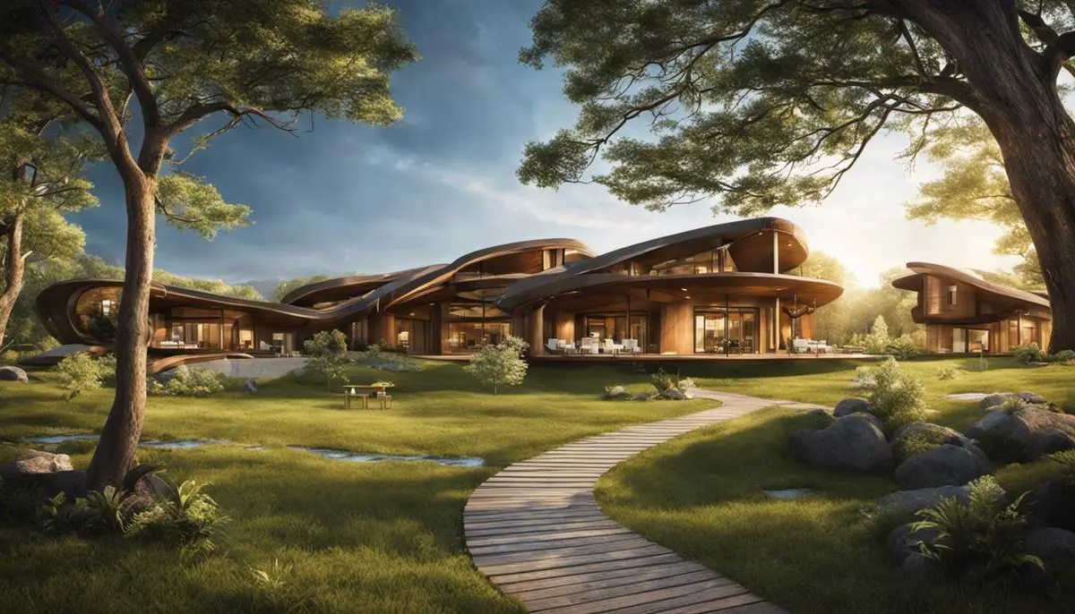 An image of The Bison Resort, showcasing the beautiful natural surroundings and the futuristic technological elements integrated into the resort experience.