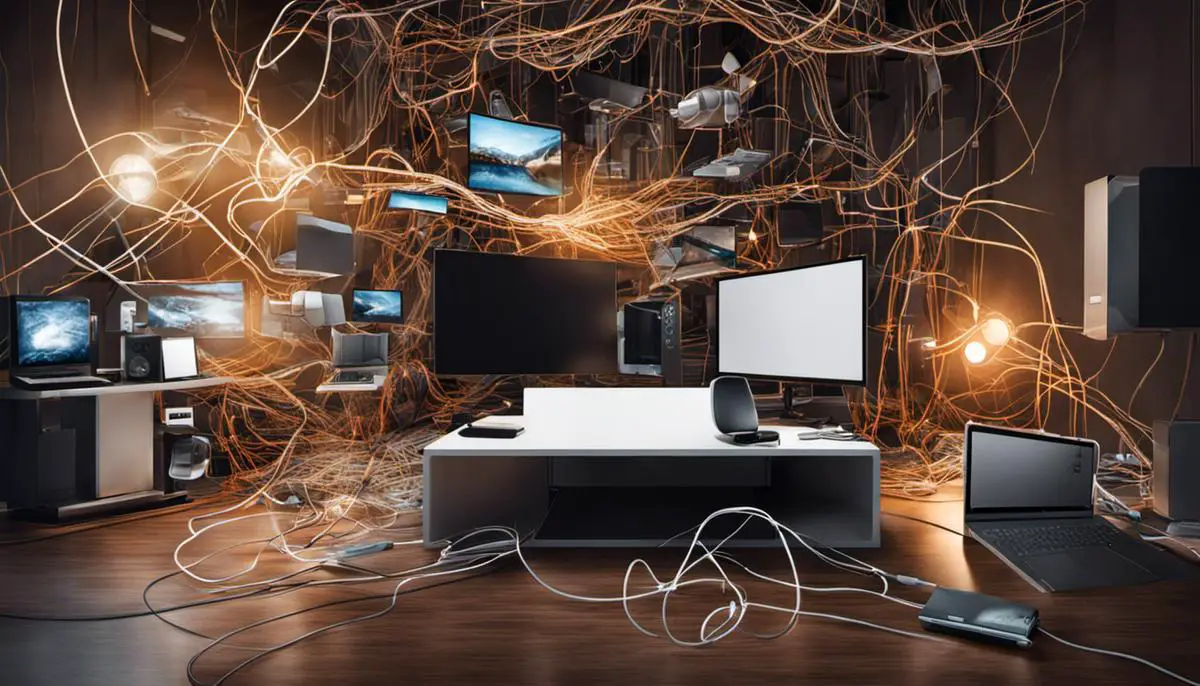 Visualization of digital clutter with scattered wires, cables, and devices, representing the challenges of navigating the digital landscape