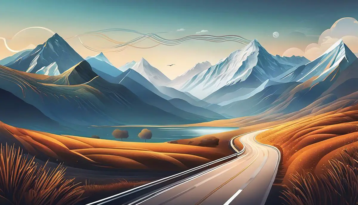 Illustration showing a dynamic landscape with mountains representing various factors shaping digital content marketing, such as personalization, data analytics, video content, AI, voice search, and multiple platforms. A road leads through the landscape, highlighting the need for marketers to navigate the evolving terrain.