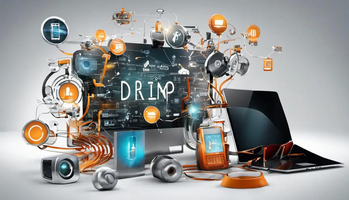 An image showing various technological gadgets and marketing symbols, representing the evolving nature of drip marketing
