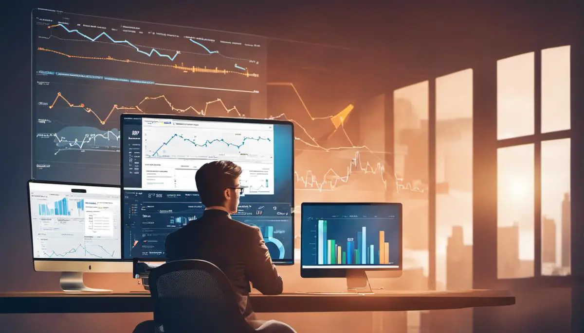 Image depicting a person analyzing website traffic through Google Analytics.