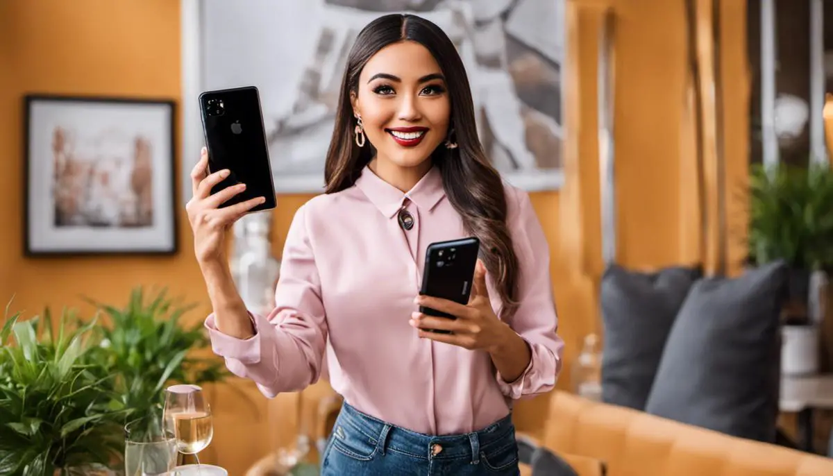 Image of an influencer holding a smartphone and promoting a brand