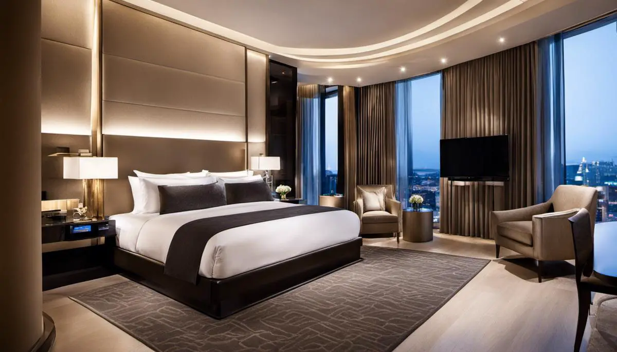 A luxurious hotel bedroom with high-tech gadgets and modern decor