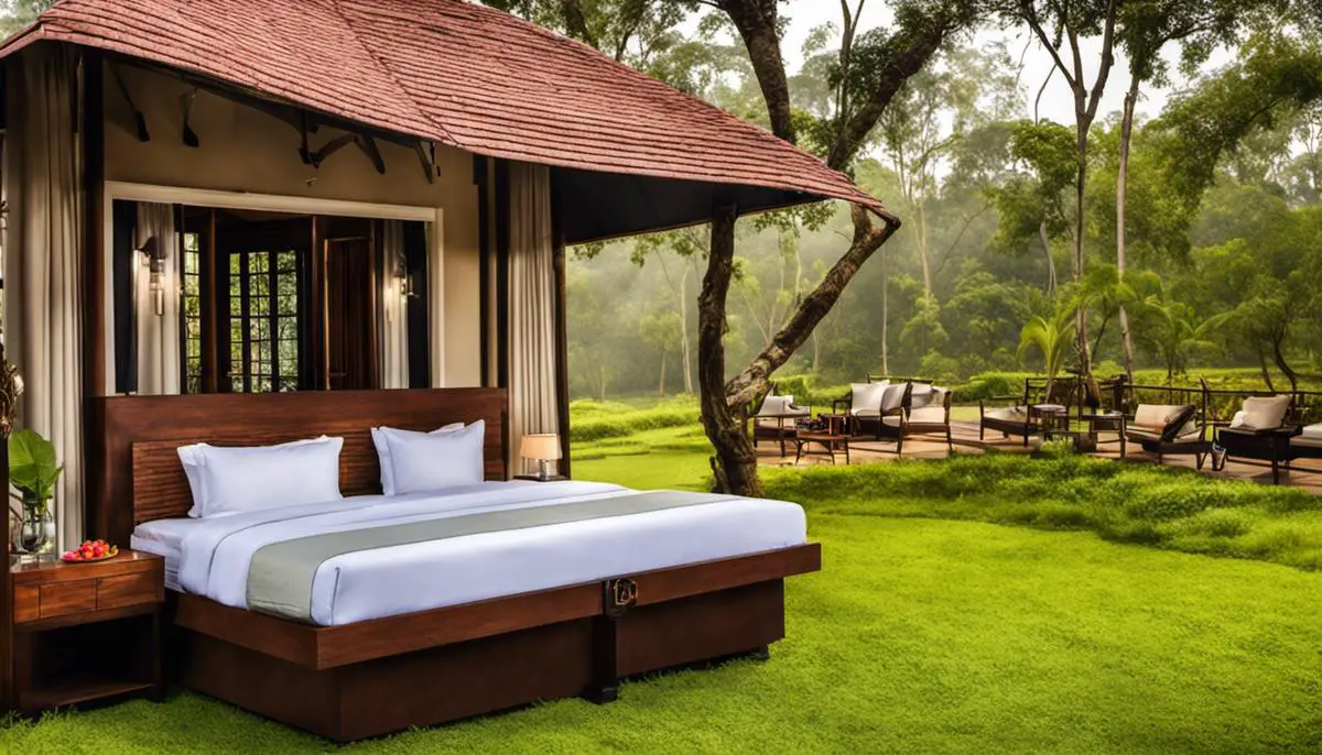 Image of a luxury accommodation in Kabini, showcasing the beautiful surroundings and modern technology used in hospitality.