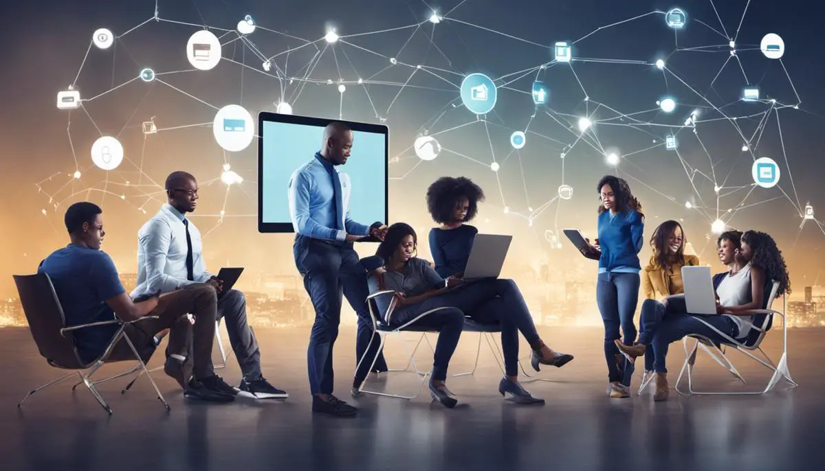 Image depicting a group of diverse people connected through digital devices, symbolizing the importance and impact of online communities.