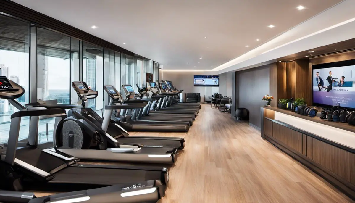 A smart wristband with embedded IoT technology for identification and access, a digitized fitness center with IoT-connected equipment, and IoT-powered surveillance cameras and alarm systems ensuring a worry-free stay for guests.