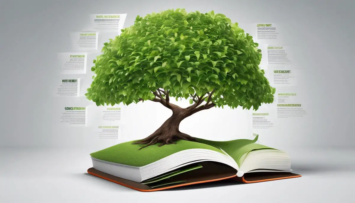 A graphic representation of organic content marketing showcasing a tree growing with leaves that symbolize engagement, visibility, adaptability, and UGC.