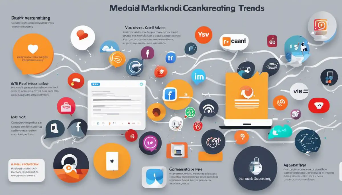Image depicting various paid social media marketing trends such as live streaming, voice search optimization, AR/VR advertisements, AI/ML, programmatic advertising, ephemeral content, multi-channel campaigns, and dark social interactions.
