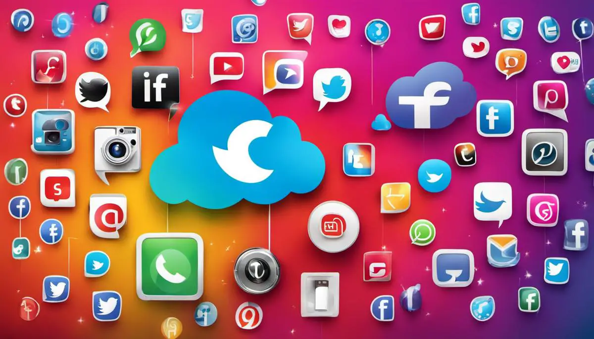 A colorful image showing various social media icons and symbols, representing the concept of social media engagement