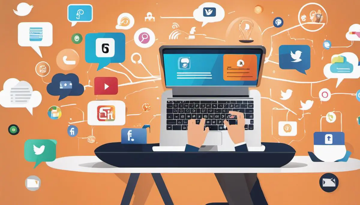 Image depicting a person typing on a laptop with social media icons surrounding them, representing the concept of social media guest posting. - Social Media Guest Posting for Quality Backlinks
