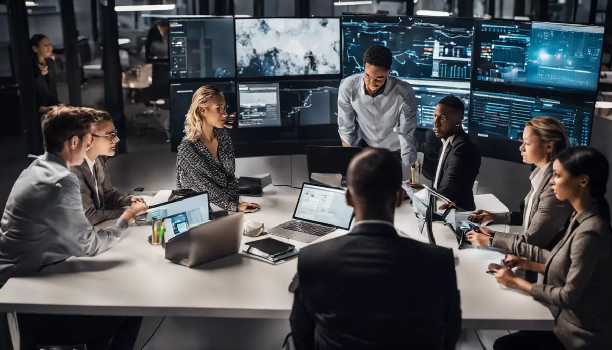 An image showing a group of diverse individuals working together in a technology-focused environment